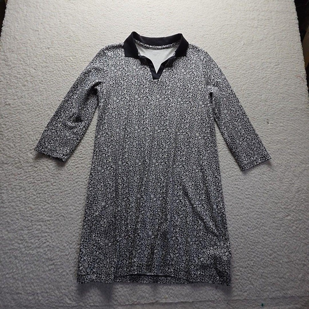 Lands' End Shirt Dress Womens Medium Black Floral 3/4 Sleeve Collared Short